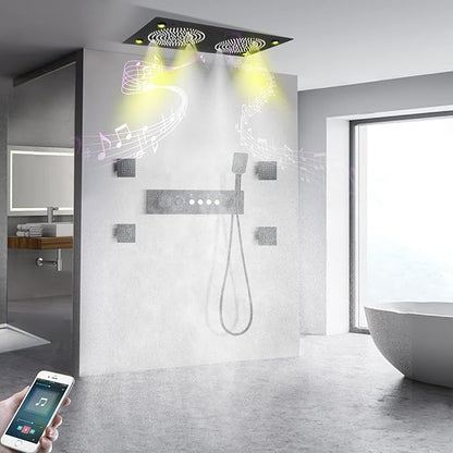 Smart Matte Black Rain LED Ceiling Shower Head With Handheld Spray, 12.5X24.5 Inch Super Large Rectangle Thermostatic Rainfall Shower System Fixtures Set And Body Jets For Double Bath
