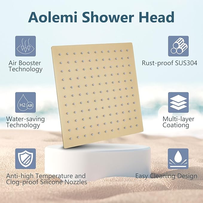 Aolemi Shower Faucet Set, High Pressure Shower System with 2-in-1 Handheld Sprayer, Wall Mount Fixture Combo with Rough-in Valve, 16 Inch Shower Head, Brushed Gold