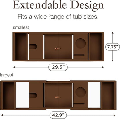 Wooden Bathtub Tray - Foldable & Expandable Bamboo Bath Tray for Tub with Wine Holder, Book & Tablet Stand - Bath Caddy Tray for Bathtub, Spa Bath Accessories, Tub Tray Table, (Brown)