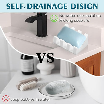 Silicone Soap Dish with Drain, Upgrade Double Suction Cups at The Bottom for Anti-Slip and Stability, Soap Dish Shower Waterfall Bar Soap Holder Tray with Drain Soap Holder (4, White)