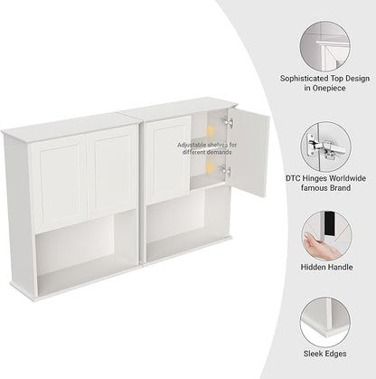 Bathroom Wall Cabinet Wooden with 2 Doors,Over the Toilet Storage Cabinet,Bathroom and Laundry Wall Mount Storage Medicine Cabinet with Open and Adjustable Shelf,Easy Assembly (Style A-2 PC, White)