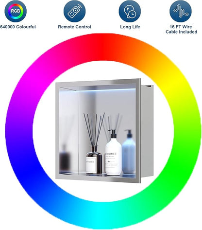 12X12 RGB Shower Niche, Brushed Nickel Stainless Steel LED Wall Niche, No Tile Needed Recessed Storage for Bathroom Storage Built-in Installation