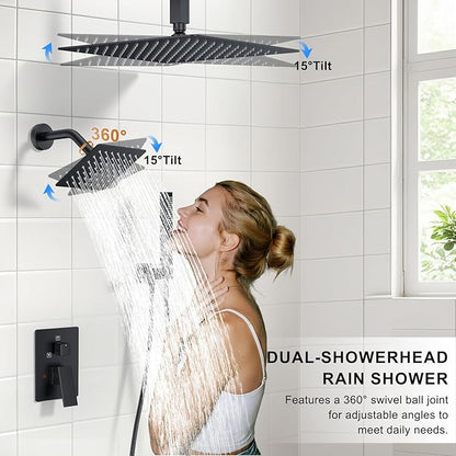 Shower Faucet Set, Ceiling Mount Shower System 12-inch & 6-inch Dual Shower Head Set with 2 in 1 Handheld Spray Rain Shower Faucet Head with Rough-in Valve and Shower Trim Kit, Matte Black