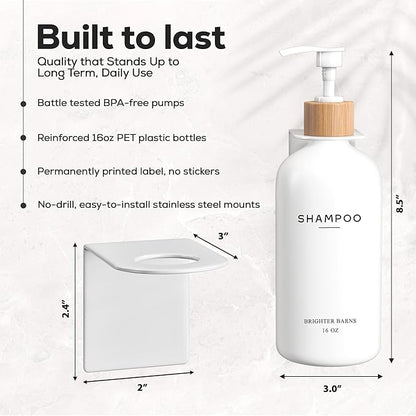 White Shampoo and Conditioner Dispenser Set Wall Mounted by Brighter Barns - Shower Dispenser 3 Chamber No Drill - Refillable Shampoo and Conditioner Bottles for Shower Wall in Airbnb, Hotel (White)