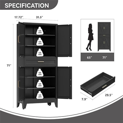 Metal Storage Cabinet with Drawer, 71" Tall Storage Cabinets with Adjustable Shelves,Black Farmhouse Freestanding Kitchen Pantry Cabinet for Dining Room, Living Room