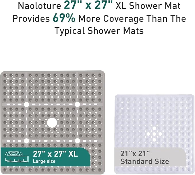 Large Square Shower Mat Non Slip 27 x 27 Inch, Soft Bath Mat Tub Mat for Inside Shower Bathroom Floor, Shower Stall Mats With Big Suction Cup Drain Holes, Easy Washable, BPA-Free, Clear Gray