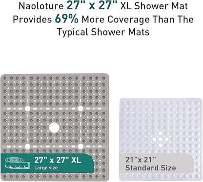 Large Square Shower Mat Non Slip 27 x 27 Inch, Soft Bath Mat Tub Mat for Inside Shower Bathroom Floor, Shower Stall Mats With Big Suction Cup Drain Holes, Easy Washable, BPA-Free, Clear Gray