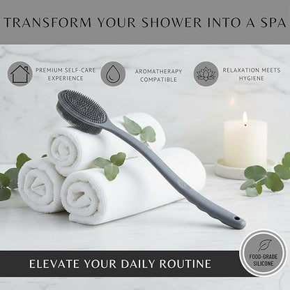 Long Handle Back Scrubber for Shower - 19 inch Extended Reach Silicone Body Brush - Avilana Bath Scrubber Extended Reach Tool - Easy Grip Body Wash Brush Gift