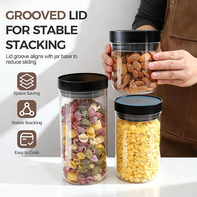 Danbark Set of 3 42oz Airtight Glass Storage Canisters with Lids - Pantry Organizers and Storage Glass for Kitchen - for Pantry, Flour, Sugar, Coffee, Tea, Pasta, Rice, and Snacks - Black