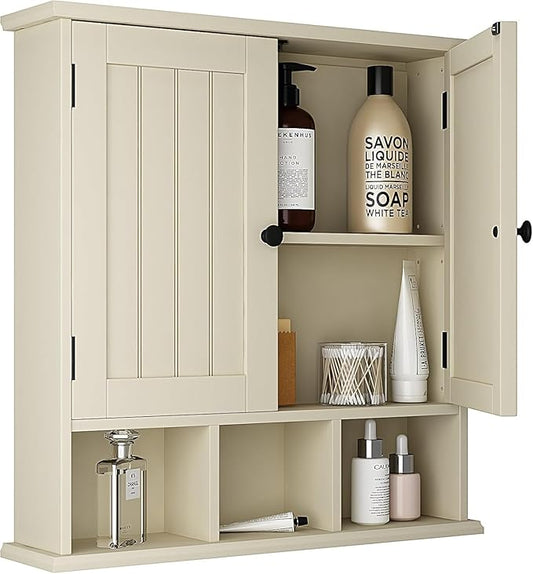 ChooChoo Bathroom Cabinet Wall Mounted 2-Door with 3 Open Shelves， Wooden Medicine Cabinets with Adjustable Shelf，Space Saver Storage Cabinets Over The Toilet for Bathroom&Living Room,Yellow