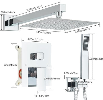 Shower Faucet Polished Chrome Shower System with 8 Inches Rain Shower Head and Handheld Spray Bathroom Luxury Rain Shower Faucet Set Complete Wall Mounted