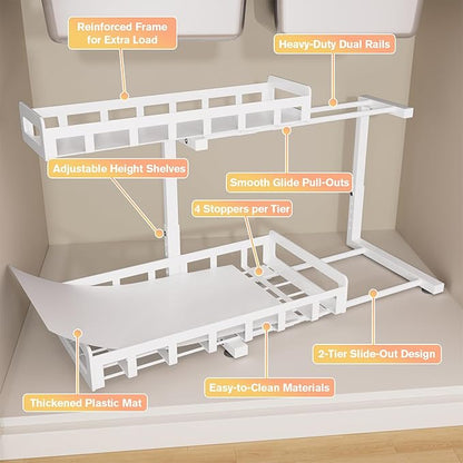 Under Sink Organizer, Metal Large Capacity 2-Tier Sliding Cabinet Storage Rack, Heavy-Duty Rust-Resistant Steel Frame, Holds 50 lbs, Adjustable Height 12–16", 14"D x 11"W for Kitchen & Bathroom, White