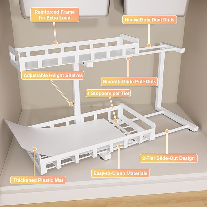 Under Sink Organizer 2 Pack, Metal Large Capacity 2-Tier Sliding Cabinet Storage Rack, Heavy-Duty Rust-Resistant Steel Frame, Holds 50 lbs Each, Adjustable Height 12–16", 14"D x 11"W for Home, White