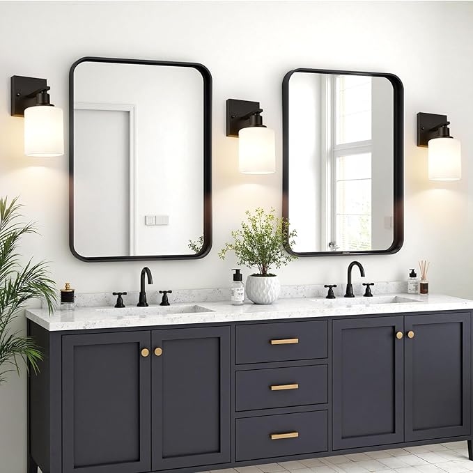 Set of 2 Wall Sconces for Bathroom,Black Modern Vanity Lights with White Glass Shade,Bathroom Wall Lamp for Mirror Kitchen Living Room Hallway Cabinet Porch