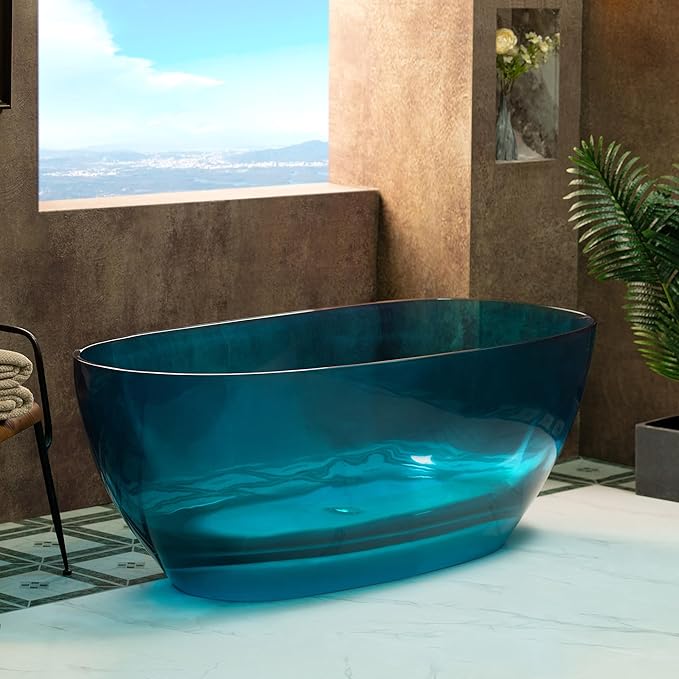 WOODBRIDGE 63" L x 28-3/8" W Transparent Blue Stone Resin Freestanding Soaking Tub with Double Ended Design