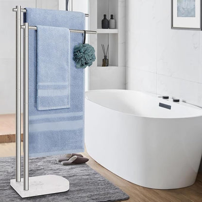 Livabber Standing Towel Rack, 304 Stainless Steel 2-Tier Towel Holder Stand with Marble Base, Modern Stylish Tall Shower Towel Bar for Bathroom Accessories, Pool（Brushed Nickel）