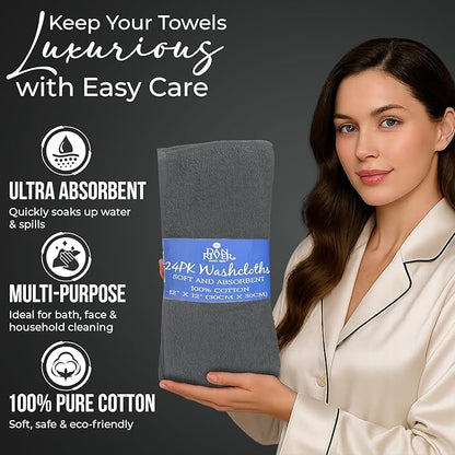 DAN RIVER 24 Pack Wash Cloths for Showering [12x12] - 100% Cotton Washcloths Premium Quality Flannel Face Cloths for Bathroom, Highly Absorbent and Soft Feel Wash Clothes, Gray