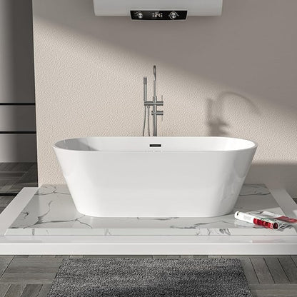 Logmey 67 Inch White Acrylic Freestanding Bathtub Oval Shape Soaking Tub with Black Drain & Overflow Assembly for Classic and Modern Bathrooms