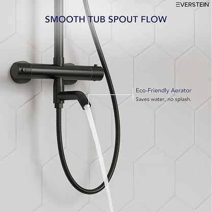Exposed Shower System with Tub Spout, EVERSTEIN 10 inch High Pressure Shower Faucet Set, 3-Function Wall Mount Rain Showerhead with Handheld Sprayer, Outdoor Bathroom Fixtures, Matte Black