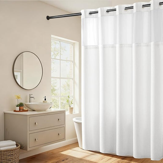 River Dream Heavyweight No Hooks Required Dotted Waffle Weave Shower Curtain with Snap in Liner - 71W x 80H,Hotel Grade,Spa Like Bath Curtain,White