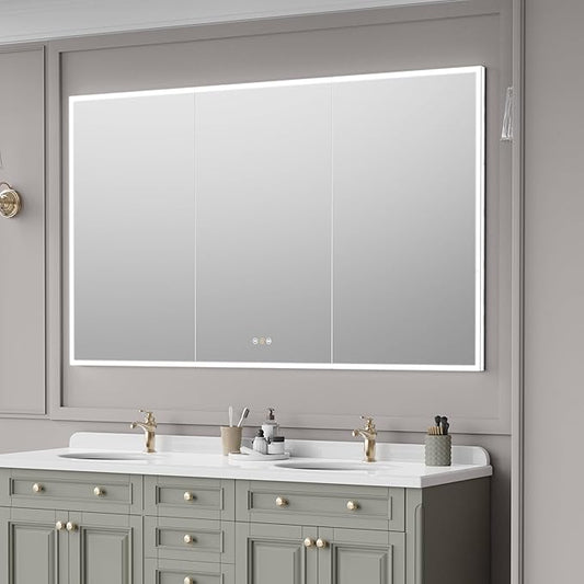 Recessed Medicine Cabinets for Bathroom with Mirror, Only Recessed Medicine Cabinet with Defogger, Dimmer, Outlets & USB, Three Doors
