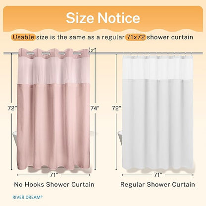 River Dream No Hooks Required Dotted Pink Shower Curtain with Snap in Liner - 71" W x 74" H,Hotel Grade,Spa Like Bath Curtain