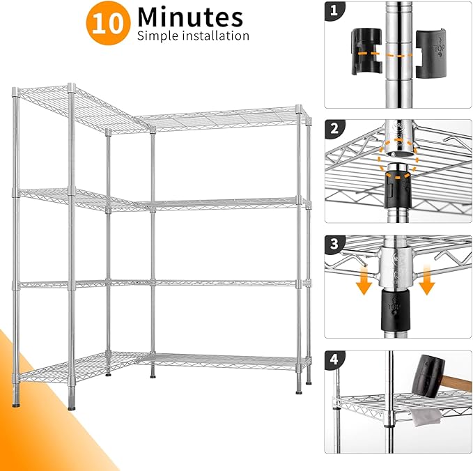 4 Tier Storage Racks Shelving, Heavy Steel Pantry Shelves, Adjustable Wire Shelving Rack, Suitable for Garage, Kitchens, Offices, 57.9" W x 13.8" D x 59" H, Chrome