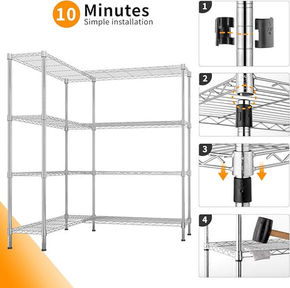 4 Tier Storage Racks Shelving, Heavy Steel Pantry Shelves, Adjustable Wire Shelving Rack, Suitable for Garage, Kitchens, Offices, 57.9" W x 13.8" D x 59" H, Chrome