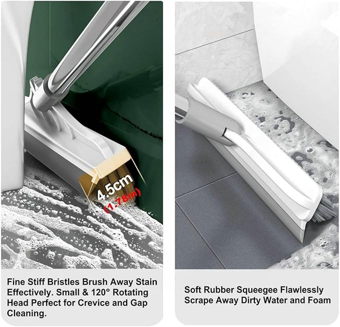 2 in 1 Cleaning Floor Scrub Brush Floor Brush Scrubber New Upgraded 53.5" Long Handle Grout Brush Scrape V-Shape Stiff Bristle Cleaning Brush with Squeegee 120°Rotating Tile Brush for Bathroom