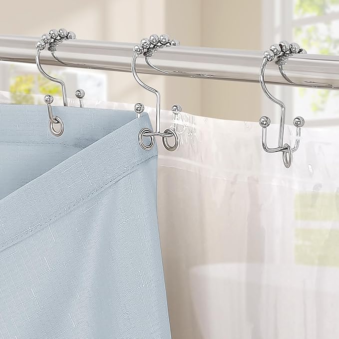 MitoVilla 3 in 1 Shower Curtain Set, FogBlue Boho Farmhouse Linen Textured Bath Curtain and Clear PEVA Liner Set with 12 Double Sided Steel Hooks, Waterproof Fabric Hotel Bathroom Curtain - 72x72