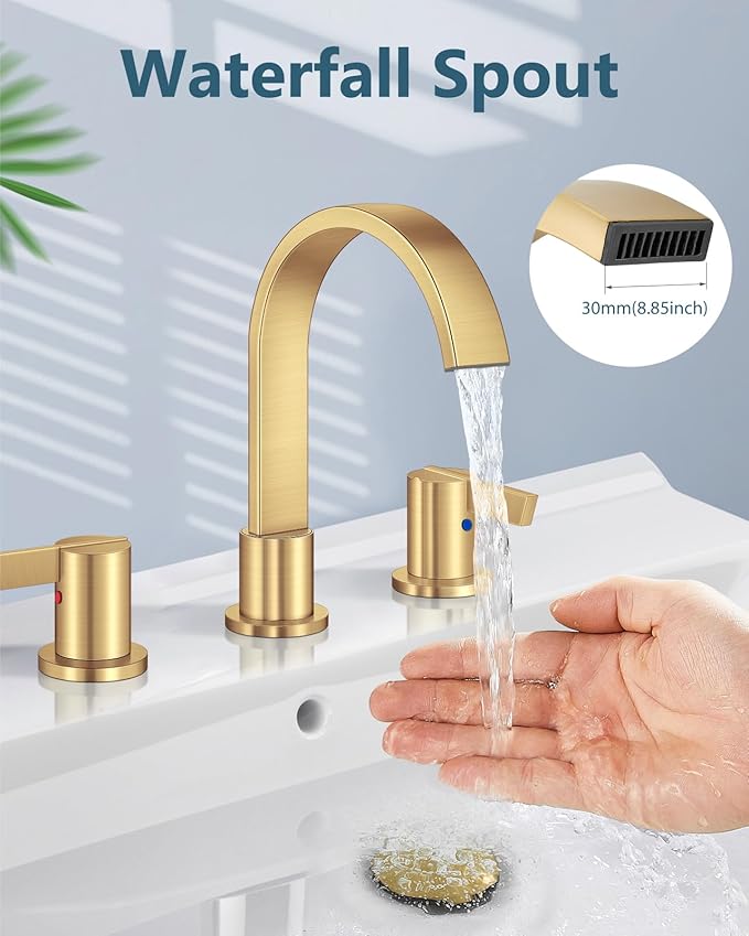 Aolemi Bathroom Faucets 3 Hole,8 Inch Widespread Waterfall Bathroom Sink Faucet,2 Handles Vanity Faucet with Pop-up Drain and Supply Hose,Brushed Gold