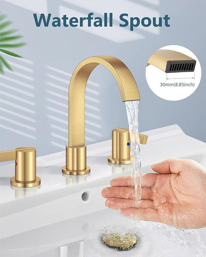 Aolemi Bathroom Faucets 3 Hole,8 Inch Widespread Waterfall Bathroom Sink Faucet,2 Handles Vanity Faucet with Pop-up Drain and Supply Hose,Brushed Gold