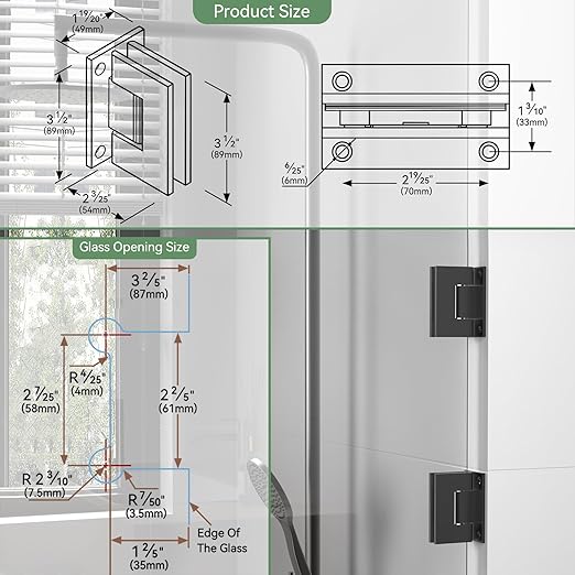 Shower Door Hardware Kit 304 Stainless Steel for 6/25"-1/2" (6mm-12mm) Tempered Glass, Hardware Accessories with 8" Handles Hinges Glass Clamp - Matte Black