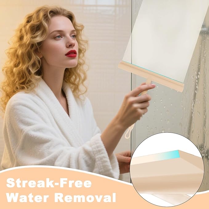 Squeegee for Shower Glass Doors, Resilient Loop - No-Drill & Adhesive Hook, Silicone Shower Squeegee with Stainless Steel Core, Cleaning Tool for Home, Kitchen, Bathroom & Car - Beige