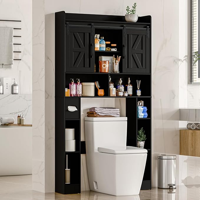Farmhouse Storage Cabinet Over Toilet with Sliding Doors，Over The Toilet Storage Cabinet, Home Space-Saving Toilet Rack, for Bathroom, Restroom, Laundry.Pure Black