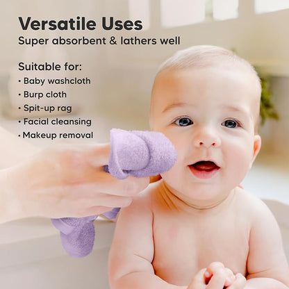 6-Pack Baby Washcloths - Soft Absorbent Viscose from Bamboo Wash Cloths for Babies, Kids, Toddlers, Infant, Newborn Bath Towels, Gentle on Sensitive Skin, 10x10 Reusable Face Towels (Soft Lilac)