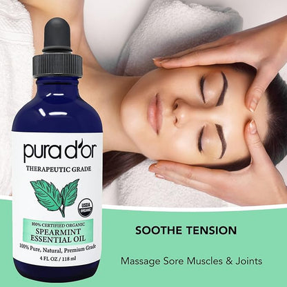 PURA D'OR Organic Spearmint Essential Oil (4oz with Glass Dropper) USDA Certified 100% Pure & Natural Therapeutic Grade Diffuser for Aromatherapy, Focus, Concentration, Mood Uplift