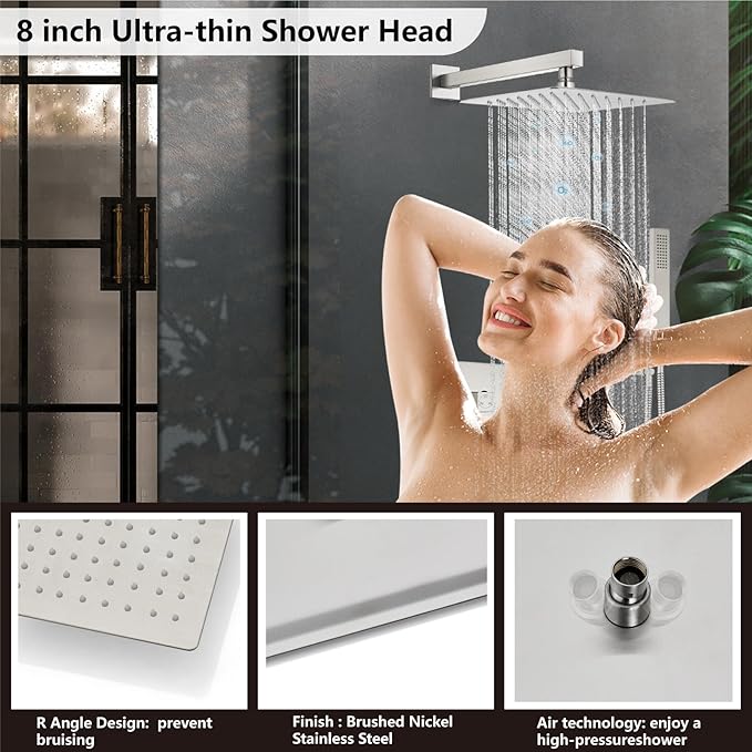 Midanya Rain Shower System with Tub Spout,Tub Shower Faucet Set with rainfall Shower Head and Handheld Spray,Wall Mount Tub Shower Combo Rough-in Valve Included,8 Inch Brushed Nickel