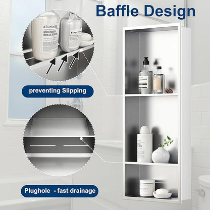 Neodrain 12X30 Inch Brushed Three Layers Stainless Steel Shower Niche, NO Tile Needed Recessed Niche Shelf for Bathroom Storage, 3-Tier Recessed Built-in Wall Niche