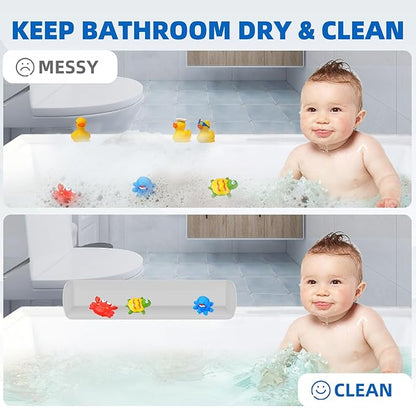 Splash Guard for Bathtub, 3.8" x 3.6" Silicone Bath Tub Splash Guard with 6 Suction Cups, Bathtub SplashGuard Play Shelf Area for Kids with 3°Drainage Slope for Faster Drying - Grey