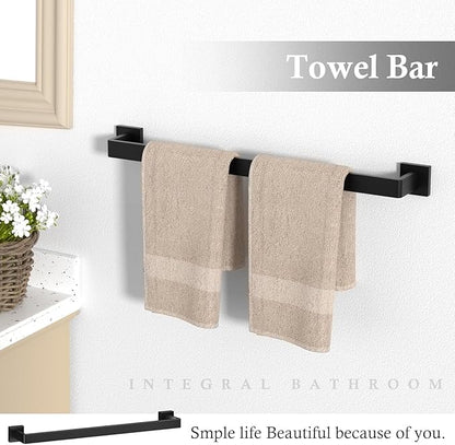 15-Piece Matte Black Bathroom Accessories Set – 23.6" Towel Bar, Towel Ring, Toilet Paper Holder & Hooks, Wall Mounted Bathroom Hardware, Rust & Corrosion-Resistant, Ideal for Modern Bathrooms