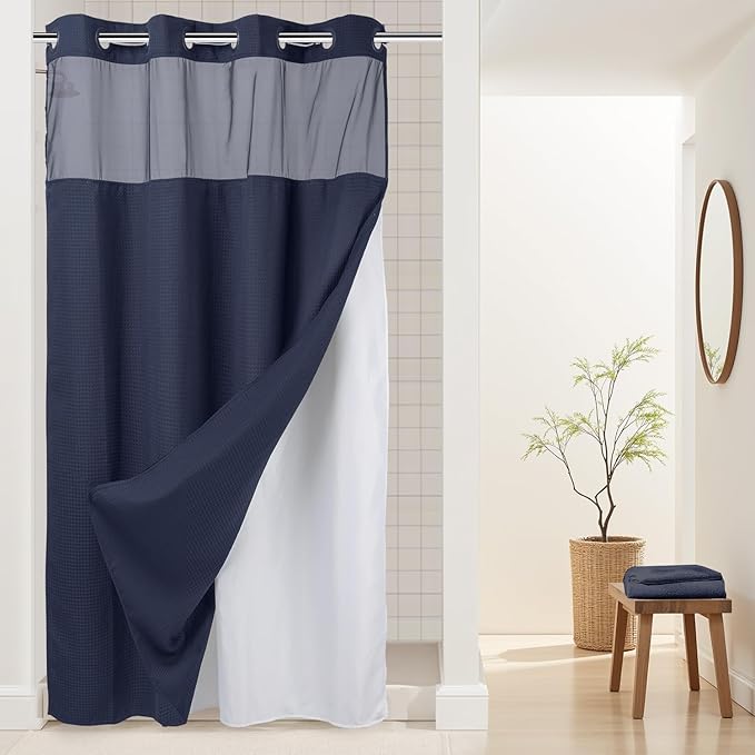 River Dream Heavyweight No Hooks Required Dotted Waffle Weave Shower Curtain with Snap in Liner -Stall 54W x 80H,Hotel Grade,Spa Like Bath Curtain,Navy