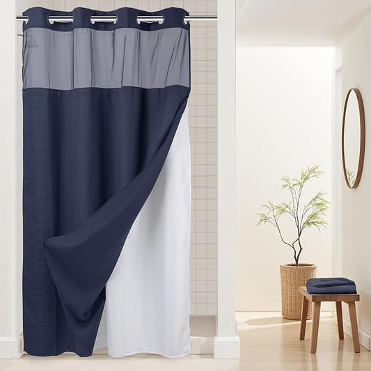 River Dream Heavyweight No Hooks Required Dotted Waffle Weave Shower Curtain with Snap in Liner -Stall 54W x 80H,Hotel Grade,Spa Like Bath Curtain,Navy