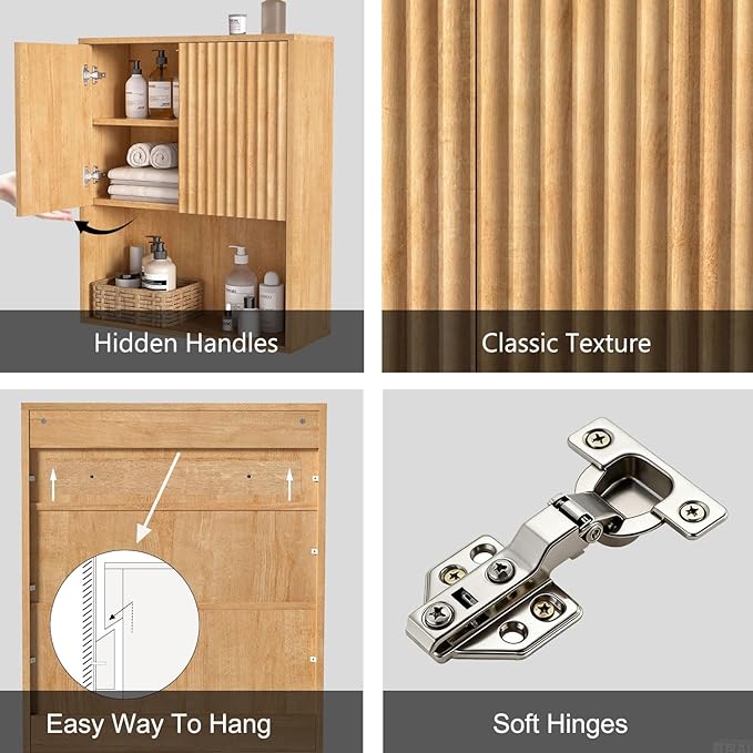 Fluted Bathroom Wall Cabinet Over The Toilet Storage,Wall Mounted Cabinet with Adjustable Shelf,Floating Cabinet Organizer Hanging Cabinet,Kitchen and Laundry Room Cabinets (Oak-2 PCS)