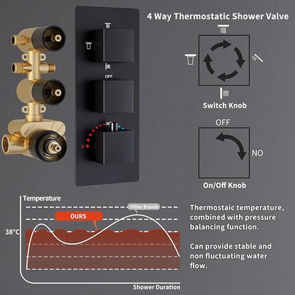 Thermostatic Shower System Matte Black Shower Faucet Set, Four Modes Shower Faucet with 4 PCS Body Jet, Handheld Spray, Ceiling Mount 12 inch Shower Head with 8 inch Wall Mount Shower Head