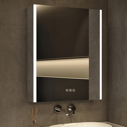 Medicine Cabinet with LED Lights and Mirror, 20 x 28 Inch Surface or Recessed Mounted Bathroom Cabinet with Door, Defogger, Memory Function, 3-Color Mode, Outlet&USB, Dimmer, Storage Shelf