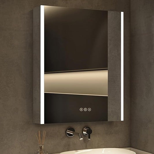 Medicine Cabinet with LED Lights and Mirror, 16 x 24 Inch Surface or Recessed Mounted Bathroom Cabinet with Door, Defogger, Memory Function, 3-Color Mode, Outlet&USB, Dimmer, Storage Shelf