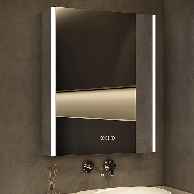 Medicine Cabinet with LED Lights and Mirror, 20 x 28 Inch Surface or Recessed Mounted Bathroom Cabinet with Door, Defogger, Memory Function, 3-Color Mode, Outlet&USB, Dimmer, Storage Shelf