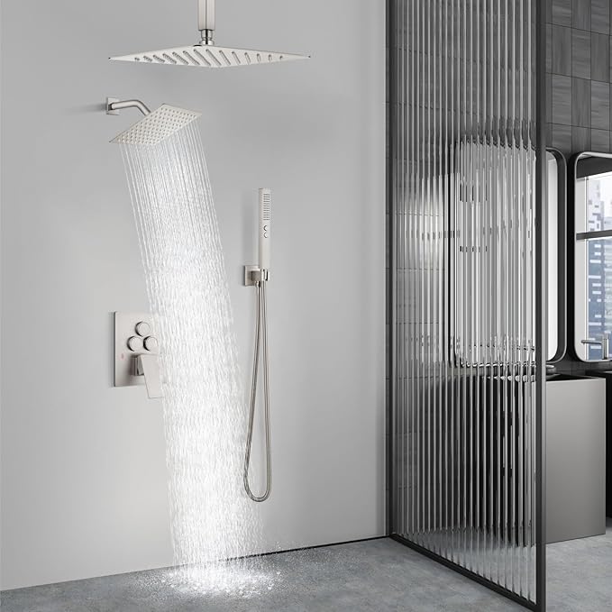 Aolemi Shower Faucet Set Ceiling Mount Shower System Rough-in Valve and Shower Trim Kit 12 and 6 Inch Dual Shower Head 2 in 1 Handheld Spray Push Button Diverter Brushed Nickel