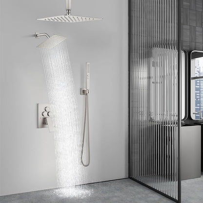 Aolemi Shower Faucet Set Ceiling Mount Shower System Rough-in Valve and Shower Trim Kit 12 and 6 Inch Dual Shower Head 2 in 1 Handheld Spray Push Button Diverter Brushed Nickel
